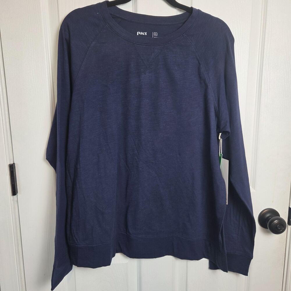 Pact Top Womans XL Blue Organic Cotton Crew Neck Raglan Jersey